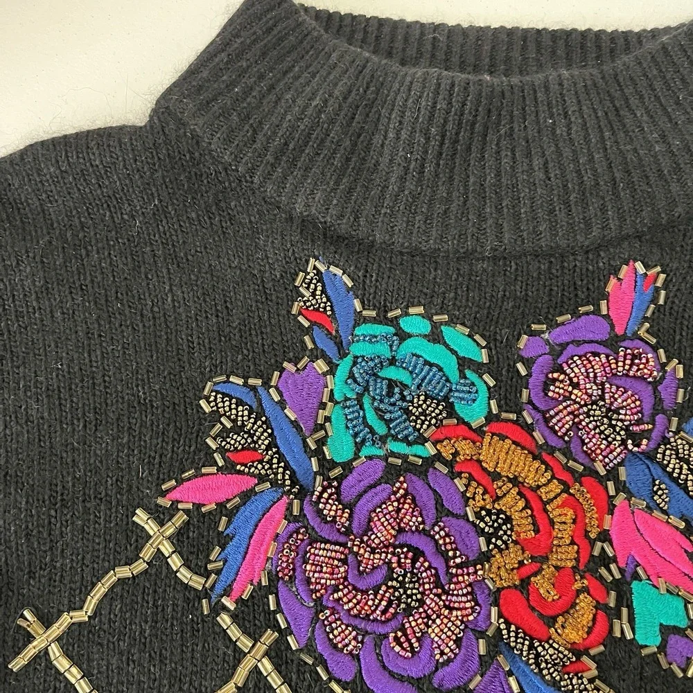 VTG 80s black mock neck sweater beaded SILK floral L rabbit hair